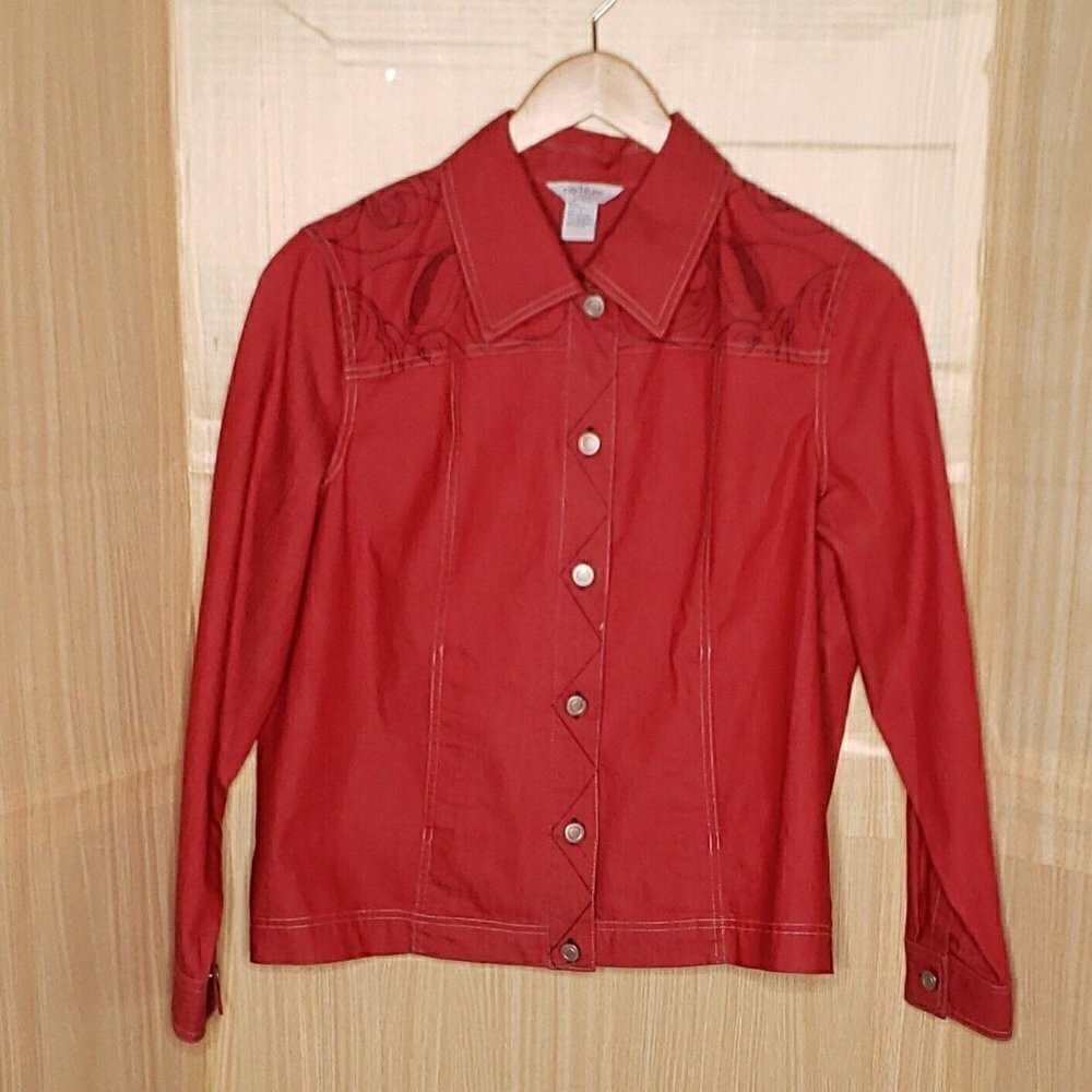City Blues By Koret Womens Red Denim Jacket Blue Embroidery Large